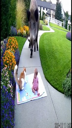 Fearless Cat Scares Off Charging Boar 😼🐗 | Shocking Backyard CCTV Footage #cat #baby #boar #cctv #rescue #viral #reels | Brave Cam Moments