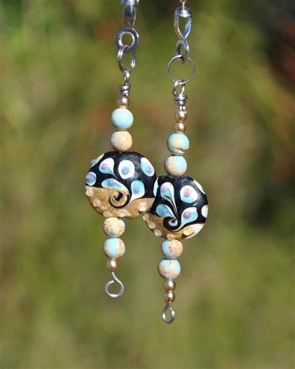 Lampwork Glass Bead Chain Pull Set: Handmade Black, Gold, Blue Home Accent Pieces - Etsy