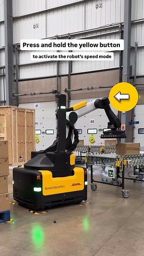 DHL on Instagram: "This isn’t sci-fi. It’s DHL. 🤖💛 Hold the yellow button to unleash robot speed mode and watch logistics level up in real time. Ready to press play on the future? 🟡⚡️ @bostondynamicsofficial #Robot #DHL"