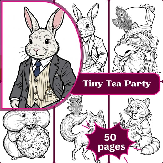 Animal Tea Party Coloring Pages | Whimsical Spring Line Art (digital PDF Download) - Etsy