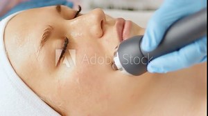 Beautician makes a procedure on the face on the cheekbones and nasolabial folds with microcurrent therapy device. Hardware cosmetology in clinic salon for client.
