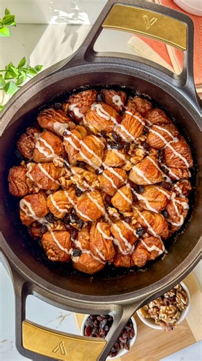 Sweet raisins, crunchy walnuts and delicious pull-apart bread coated in cinnamon sugar! #ad This Dutch Oven Monkey Bread is a tasty, indulgent way to celebrate National Baker Day! 👩‍🍳 My Victoria SIGNATUREseries 6QT Cast Iron Dutch Oven baked this to a fluffy soft perfection in the center with a golden crisp outside…I’m not monkeying around! Bookmark this recipe 😋 and check out The Signature Series by Victoria. Use code CHEWONTHIS15 for 15% off @VictoriaCookware Signature Series line. Link is