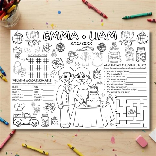 Personalized Wedding Coloring Page for Kids, Wedding Activity Sheet Printable, Custom Kids Wedding Placemat Canva