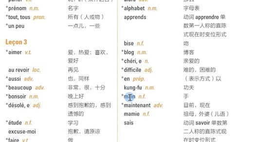 法语单词 unit 1 lesson 4 七年级上册 外研社版