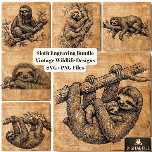 Sloth SVG Bundle, Vintage Sloth Engraving, Jungle Animal Laser Cut Files, Cute Sloth Design, CNC Wood Engraving Svg Png - Etsy