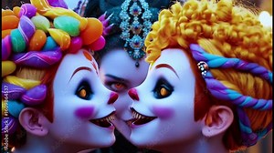 A regal vampire empress with piercing red eyes and a chilling smile leads her unsettling carnival of eerie clowns