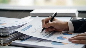 Analyzing Financial Data: Hand with Pen Reviews Charts & Reports