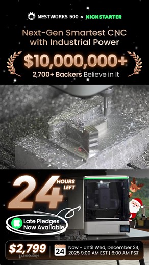 🤔 Still limited by entry level desktop CNCs? NestWorks C500 changes the game. Real metal cutting, 800W industrial spindle, and ±0.02 mm precision deliver up to 10× faster machining with Smart CAM one click workflows. ⚙️ From desktop to production ready. Chosen by over 2,700 makers worldwide, with $10M raised on Kickstarter. The final opportunity to experience NestWorks C500 at its best price. | NestWorks