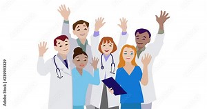 Doctors and nurses team, 2d micro Animation, cartoon, illustration, clip art, vector, medical team waving to camera.