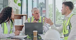 Engineer meeting, explain and office team conversation, report or planning civil engineering design