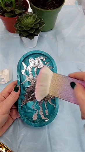 Epoxy Resin and EcoResin Art and Tutorials on Instagram: "Silver leafing on an emerald marbled ecoresin resin tray."