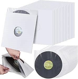 Henoyso 80 Piece 12 Inch Vinyl Record Sleeves Include 40 Pcs Album Covers (350gsm) Record Jackets 40 Pcs Inner Kraft Paper Sleeves for Album Vinyl Records Collections Storage Decorations(White)