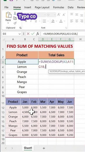 VLOOKUP + SUM to match results in multiple columns in Excel #exceltips #vlookup #ytshorts