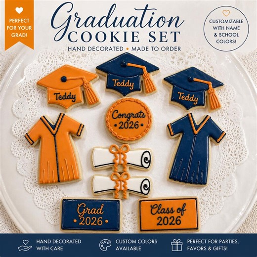 Graduation Cookies Custom Name Class of 2026 Gift Set School Colors Grad Party Dessert Favors Cap Gown Diploma Treats - Etsy