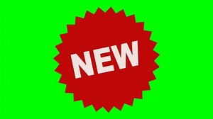 Animation of the appearance of a label with the wording "New" in the shape of a red round star on a green background, transparency and alpha channel in a flat style