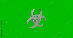 Animation of rotation of a white biohazard symbol with shadow. Simple and complex rotation. Seamless looped 4k animation on green chroma key background