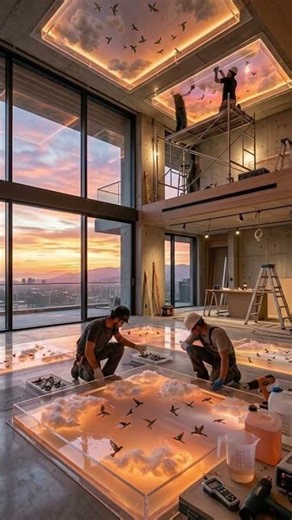 insane 🌅 Sunset Sky Reflection Epoxy Room | Glowing Cloud Resin Floor & Ceiling Design