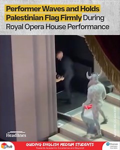 During the final curtain call of Giuseppe Verdi’s Il trovatore at the Royal Opera House in London, a cast member unfurled a large Palestinian flag on stage, sparking a brief scuffle with an official who tried to remove it. Videos show the performer standing silently with the flag while ignoring attempts from backstage to take it away, as other cast members appeared unaware of the scene. The identity of the performer remains unknown, and the opera concluded its 11-night run that evening. Source: 
