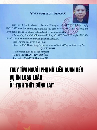 Truy tìm Lê Thanh Kỳ Duyên trong vụ án loạn luân