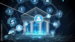 Digital illustration of a bank with financial icons representing services and transactions.