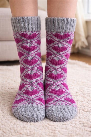 Hand Knit Wool Slipper Socks – Nordic Argyle Fair Isle Hearts, Adult M/L - Etsy UK