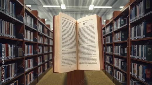 Literacy concept animation with changing text overlay and open book between library shelves for learning footage.