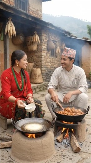 🥘 Cooking Traditional Nepali Sel Roti and Curry 😋👍🏻 #ytshorts #villagerlifestyle @rojevlogs