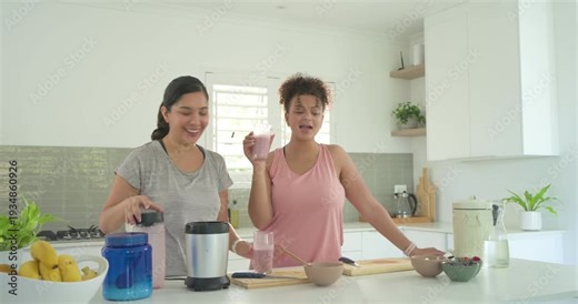 Diverse female pals lifting blender lid, making smoothie sipping from glasses and testing at island