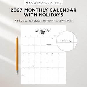 2027 Monthly Calendar With Holidays | Printable Portrait Calendar | Sunday & Monday Start | A4   US Letter PDF - Etsy