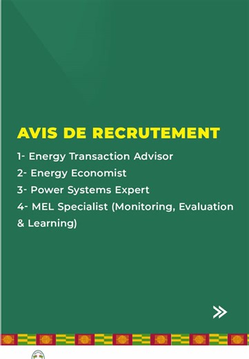 🚀Le Togo s'engage pour l'accès universel à l'énergie : rejoignez le Ministère délégué chargé de l'Énergie et des Ressources Minières ! Dans le cadre de la Mission 300, le Gouvernement de la République Togolaise, à travers son Pacte National Énergie, s'est fixé une ambition historique : atteindre 100 % d’accès à l’électricité d'ici 2030. Pour piloter cette transformation structurelle de près de 3 milliards de dollars US, nous mettons en place une unité de coordination spéciale. Nous recherchons 
