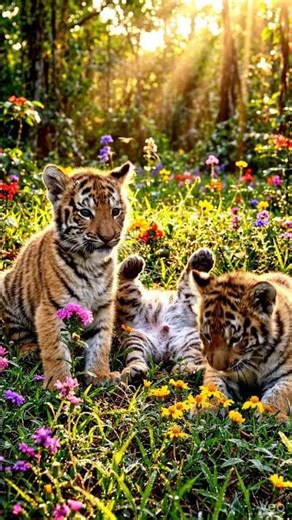 Tiny tiger cubs playing in a flower paradise!