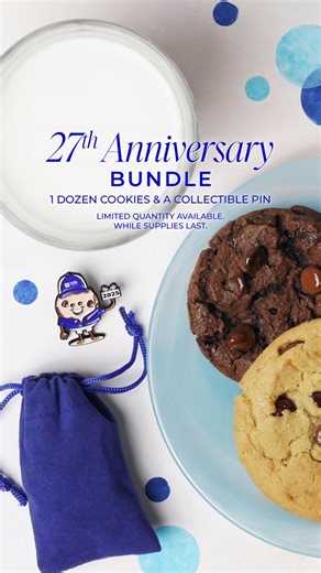 Tiff's Treats Cookie Delivery on Instagram: "It's our 27th Anniversary! Meet our special-edition anniversary bundle—wrapped in a gold ribbon, featuring one dozen warm cookies and 1 of 4 collectible enamel pins showcasing Tiff’s Treats’ style evolution over 27 years. Those uniform upgrades though👀 A rare release with limited quantities. Secure yours today, they will sell out quickly! And the celebration doesn’t stop there—we’re giving away 27 anniversary bundles! 🎉 ***GIVEAWAY CLOSED 1/23*** En