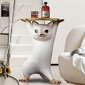 homary Whimsical Cat Statue, Animal Side Table with Gold Tray, Resin Figurine Accent Table for Living Room, Bedroom, or Entryway