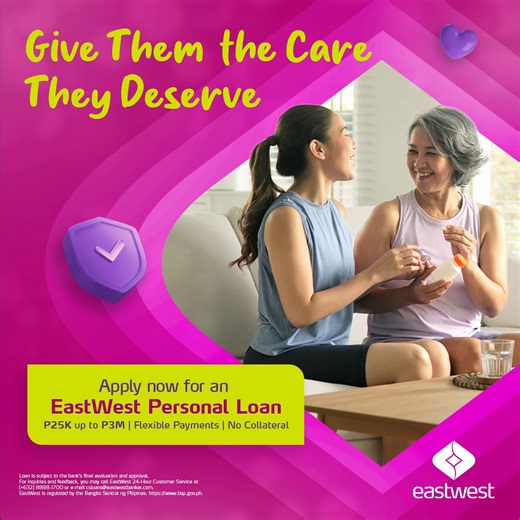 Invest in your health with an EastWest Personal Loan, up to P3M for medical needs. *Loan is subject to the bank's final evaluation and approval. For inquiries and feedback, you may call EastWest's 24-Hour Customer Service at ( 632) 8888-1700 or email csloans@eastwestbanker.com. EastWest is regulated by the Bangko Sentral ng Pilipinas https://www.bsp.gov.ph. | EastWest Bank