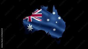 4K waving national flag of Australia on the map. With alpha channel seamless Aussie flag on territory. Outline geographic country border of Australia stock video. Stock Video