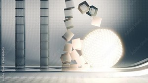 The animation features a radiant sphere interacting with cubes and grid structures in a dynamic 3D display Stock Video