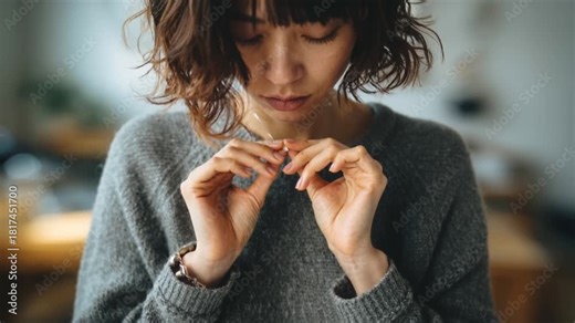 Anxious Young Woman fidgeting with necklace in a repetitive motion