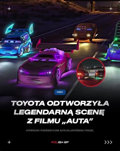 Toyota Gazoo Racing i WEC postanowiły w genialny sposób uczcić powrót na tor Fuji! Zwycięski model GR010 Hybrid z 24h Le Mans wyjechał w nocy na japońską autostradę w obstawie ciężarówki oraz aut z neonowym podświetleniem podwozia. Fani natychmiast wyłapali nawiązanie – to żywe odwzorowanie kultowej sceny z filmu animowanego „Auta” (Cars), w której stuningowany gang (DJ, Boost, Wingo i Snot Rod) otacza na autostradzie śpiącego Mańka przewożącego Zygzaka McQueena! #toyota #toyotagazooracing #wec 