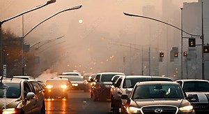 Air pollution from car exhaust fumes in city traffic. Global warming and carbon dioxide from engine combustion