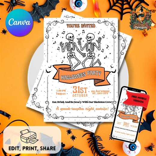 Dancing Skeletons Halloween Party Invitation Digital Canva Template - Etsy