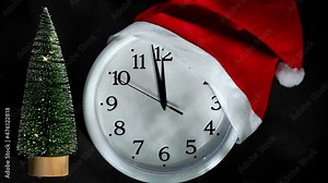 White clock in a santa hat next to the Christmas tree. The second hand goes to 12 o'clock at night. New Year Christmas.