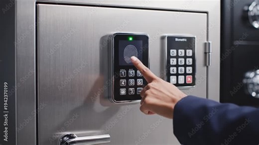 Business professional uses advanced biometric fingerprint scanner access control system on modern metal security safe deposit box