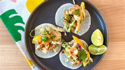 Shrimp Tacos with Mango Slaw and Jicama Tortillas