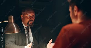 Interrogation, thief and police in jail for statement of fraud, crime or scam for law trial. Questions, investigation and private detective talking to man prisoner for legal justice system interview.