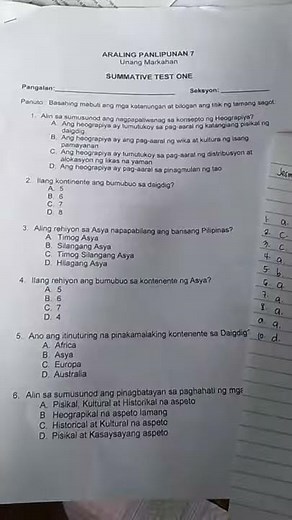 GRADE 7 ANSWERS KEY ARALPAN SUMMATIVE TEST#1