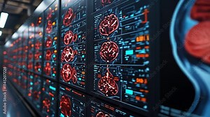 Advanced AI technology displays detailed neuroimaging data in a modern research facility