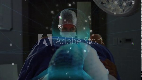 Female patient lying on operating table in health lab with holographic fetus and floating icons