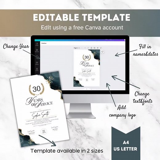 30 Years of Service Certificate Award Template Editable Diploma Employee Awards Work Anniversary Gift Employee Appreciation Gifts Retirement - Etsy