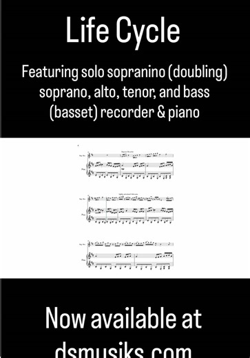 When you get to play FIVE recorders in one piece?! Life Cycle, by @owendavittmusic - for solo recorder and piano is now available at dsmusiks.com Description - Life Cycle is an exploration of the human journey through the distinct voices of five recorders—performed by a single soloist—and piano accompaniment. The work begins with the sopranino recorder, using its high register to capture the curiosity of infancy, followed by a playful, technical soprano passage representing the energy of childho