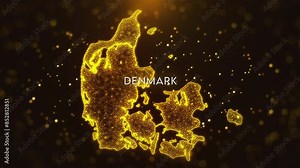 Digital Space Golden Yellow Shiny Blurry Focus Wavy Glitter Sparkle Dust Particles of Denmark Map and Text Motion Reveal with Light Flare